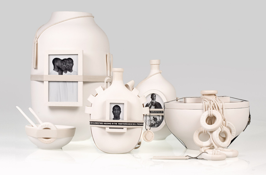 Project <em>Moulding Tradition</em>, 2009. Transfer-printed ceramic vessels, textile, glass. Photo Luisa Zanzani