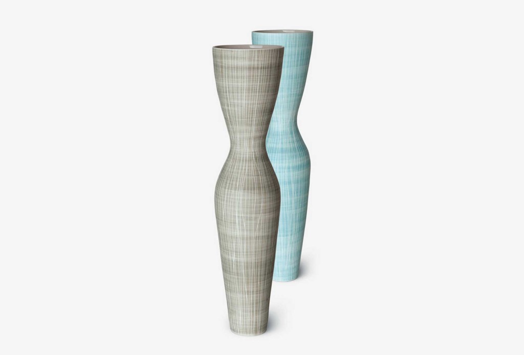 <em>Sgraffito</em> vases, 2014. Porcelain, terra sigillata, H 43 cm.