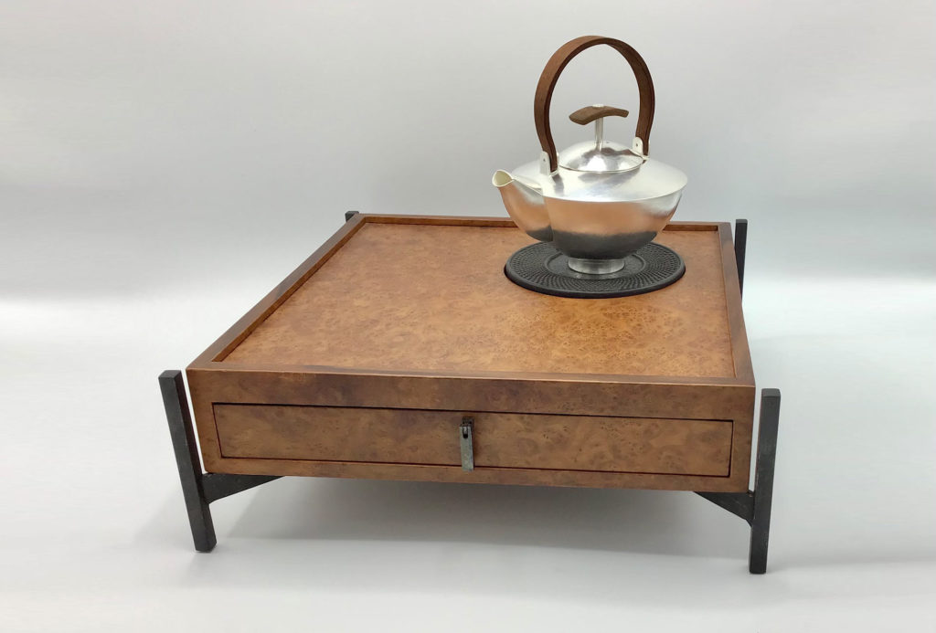 Table top with drawer for teapot, bubinga burl, iron and 925 silver, w 36 x l 36 x h 12 cm.