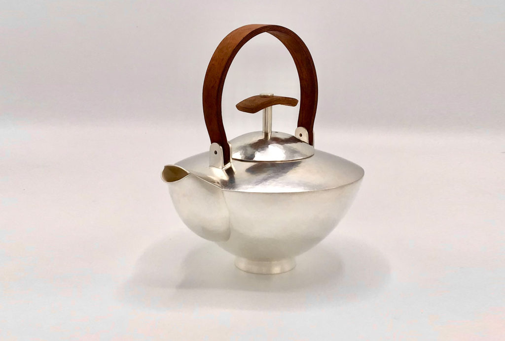Teapot forged and mounted, 925 silver, wooden bubinga handle. D 15 cm, H (with handle) 17 cm.