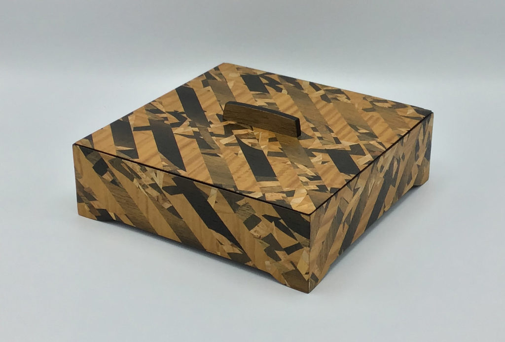Square container with inlays, amboina, bog oak, quilted maple, W 17 x L 17 x H 8 cm.