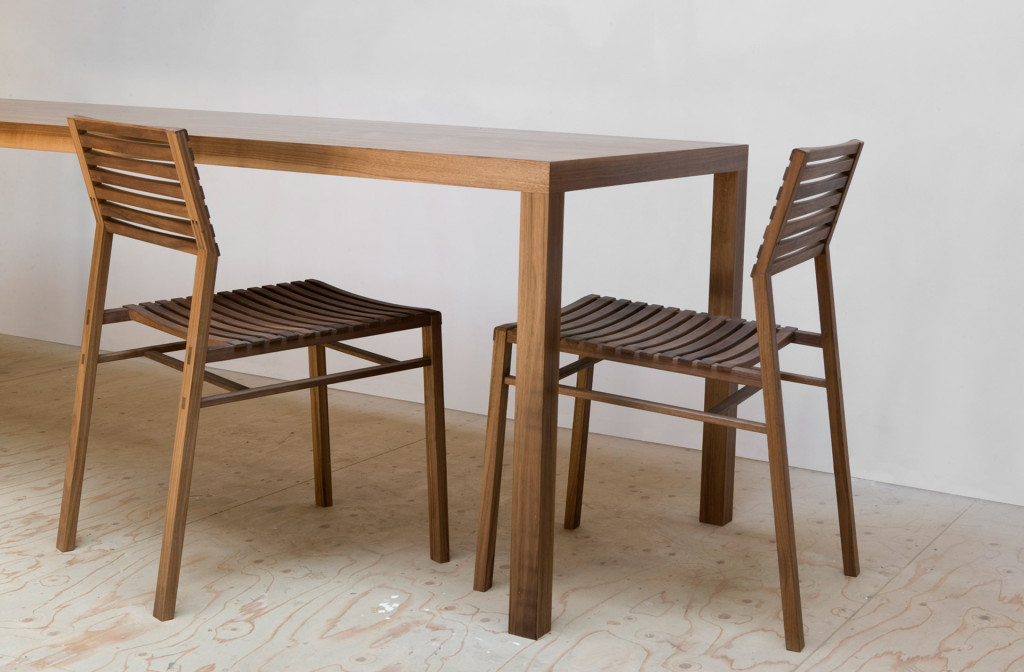 Table and chairs <em>Hinta</em>. Walnut and corian. 