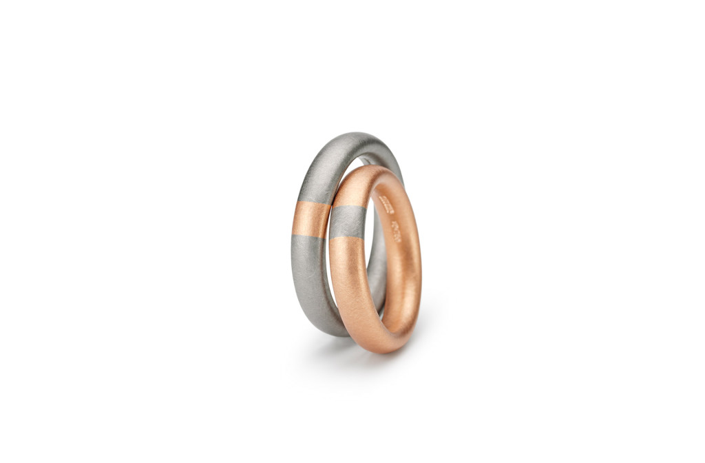 Wedding rings <em>Ni Tecum</em>. 750 gold, 900 gold/950 platinum, 950 platinum/900 gold.