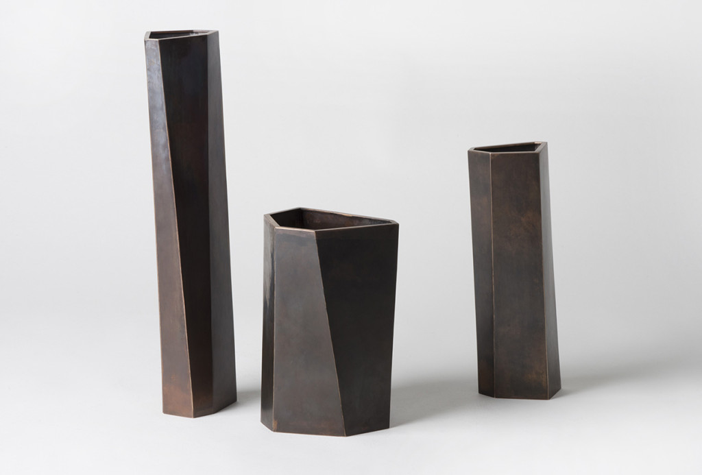 Vases <em>Basalta 1–3</em>, 2014. Red brass, 36 × 6,8 × 9 cm/19 × 12,5 × 9,8 cm/24 × 8,4 × 6,4 cm.