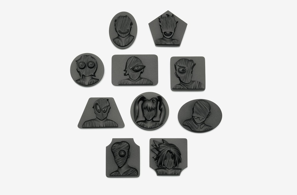 Alexander Blank, object group <em>Jimmy</em>. 10 Brooches, hard foam, graphite, silver, lacquer.