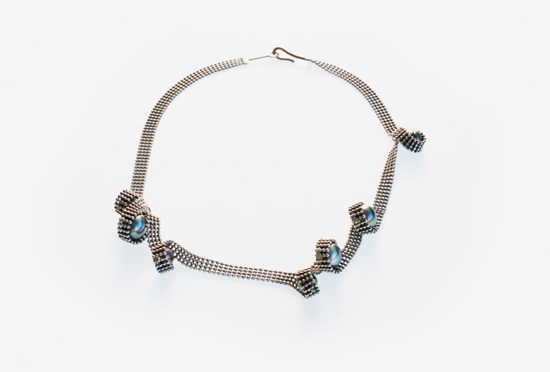Necklace Squiggle. 925 silver, partially oxidized, Tahitian pearls.