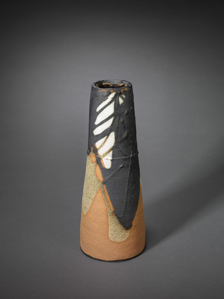 Tall cylinder shape, glaze: manganese ore, kaolin, copper carbonate, apple tree ash, H 32, D 12.1 cm.