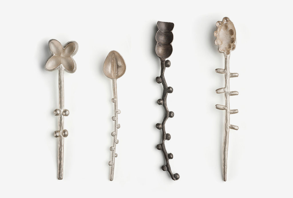 Spoons from the <em>creatura</em> series. Silver 925, oxidised silver. Photo Federico Cavicchioli
