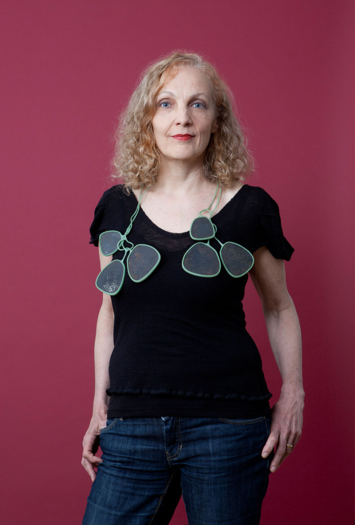 Dagmar Aigner with necklace by Andi Gut, iron and plastic. Biro gallery. Photo Miriam Künzli for Art Aurea.