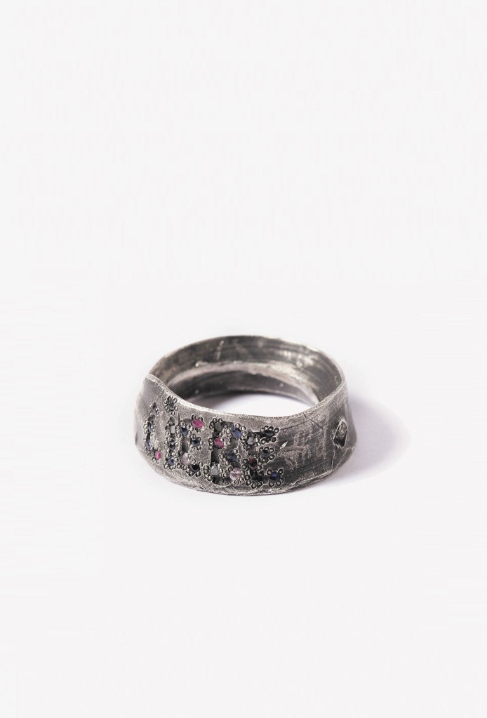 Karl Fritsch, <em>Liebe</em> (love) ring, 2015. Silver, diamond, rubies, saphires