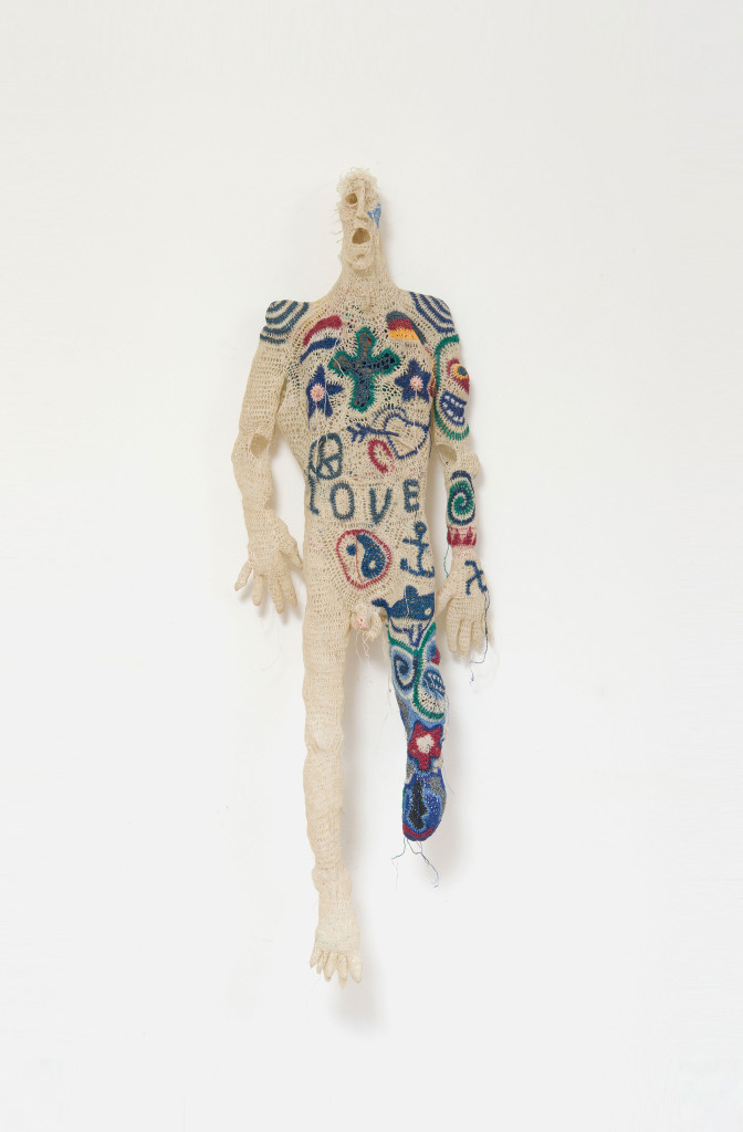 <em>Tatoomann</em>, 2010. Cotton, linen, metallic yarn. 140 x 49 x 19 cm