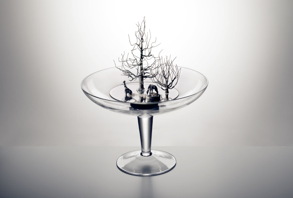 <em>Expedition</em> object. Glass, mirror, silver chain, stainless steel, wire, faceted crystal glass stones, miniature figures. H 42 cm x ø 36 cm