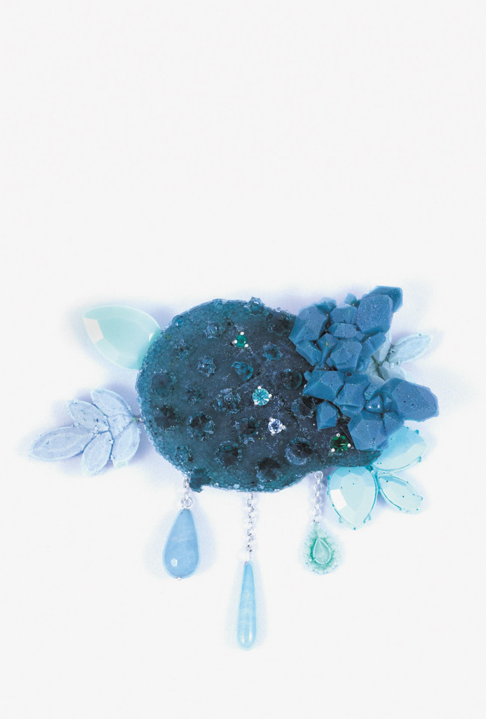 Julia Baudler, <em>#1</em> brooch, 2014. 925 silver, resin, acrylic, silicone, glass, emerald, aquamarine, turquoise. Photo Sarah Beekmann