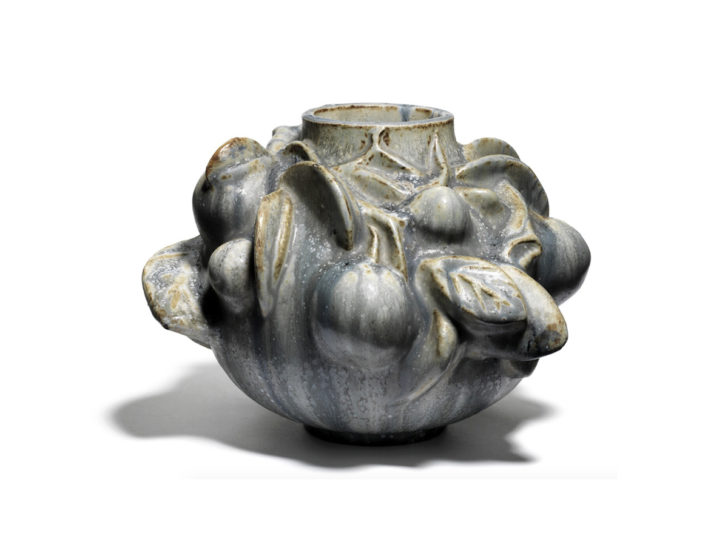 Axel Salto, circular stoneware vase modelled with fruits, branches and leaves