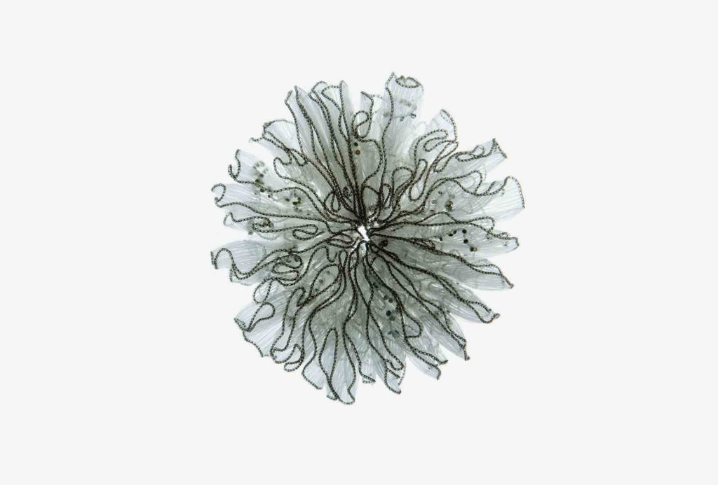 <em>Dimensions</em> brooch <em>jellyfish</em>. Nylon, sweet water beads, silver 925. © Anke Hennig Jewellery