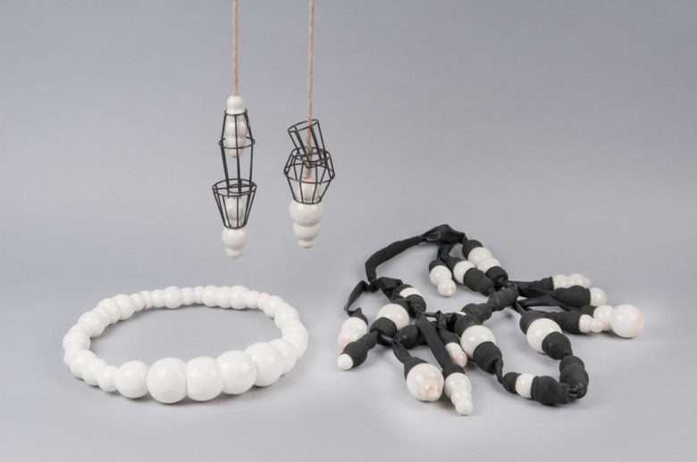 Anne Lengnink, Necklaces "Circumclusion", 2016, porcelain, textile. "Paradox", 2016, steel, porcelain, hemp rope. "Mammae masculinae", 2016, porcelain, latex, shrink tube, textile.