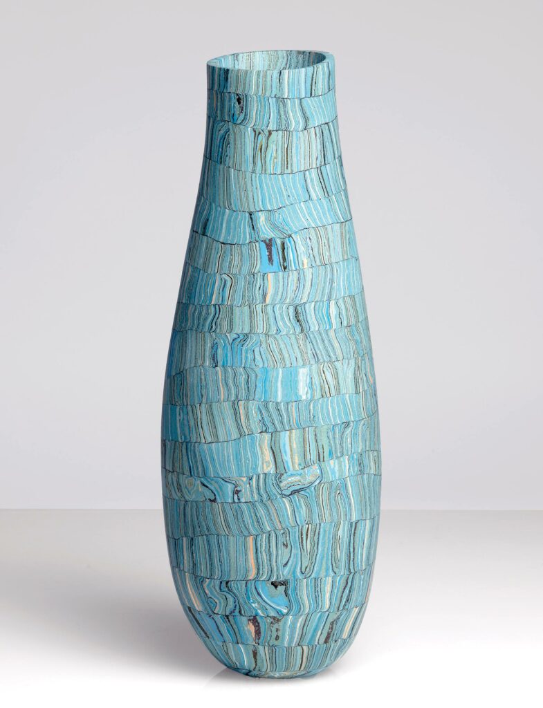 Vessel, 2022, H 47 cm. Colored clay and porcelain, built up ground and polished.