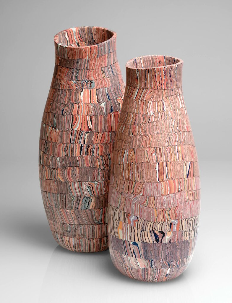 Vessels, 2020, H 42 and 32 cm. Colored clay and porcelain, built up ground and polished.