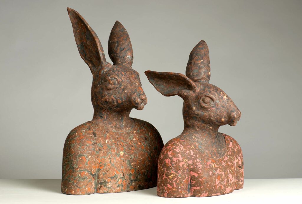 Bunny busts, 2017. H. 54 and 44 cm, colored clay.