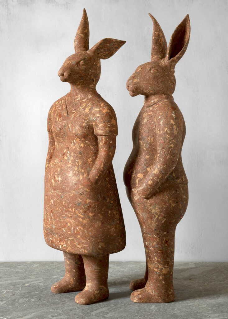 Pair of rabbits, 2018. H. 86 cm, colored clay.