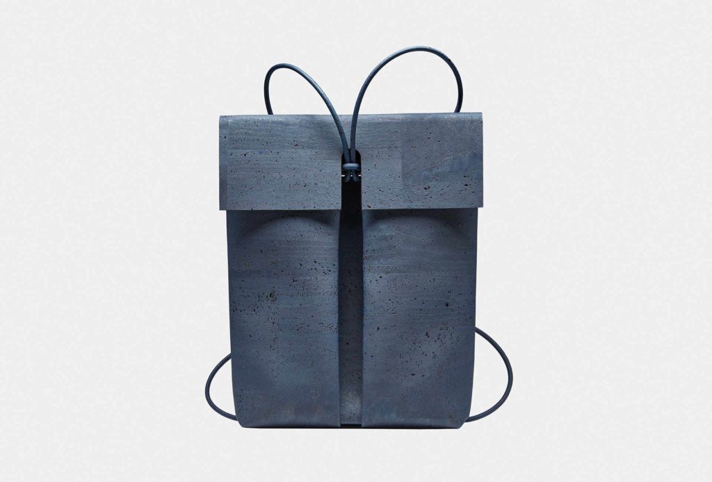 <em>Como</em> backpack, navy. Portuguese cork on fabric support, black cotton inside, hidden magnetic closure.