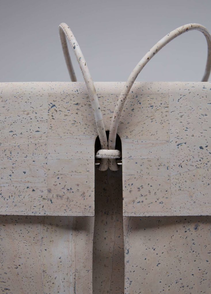 <em>Como</em> backpack, birch grey, detail. Portuguese cork on fabric support, black cotton inside, hidden magnetic closure.