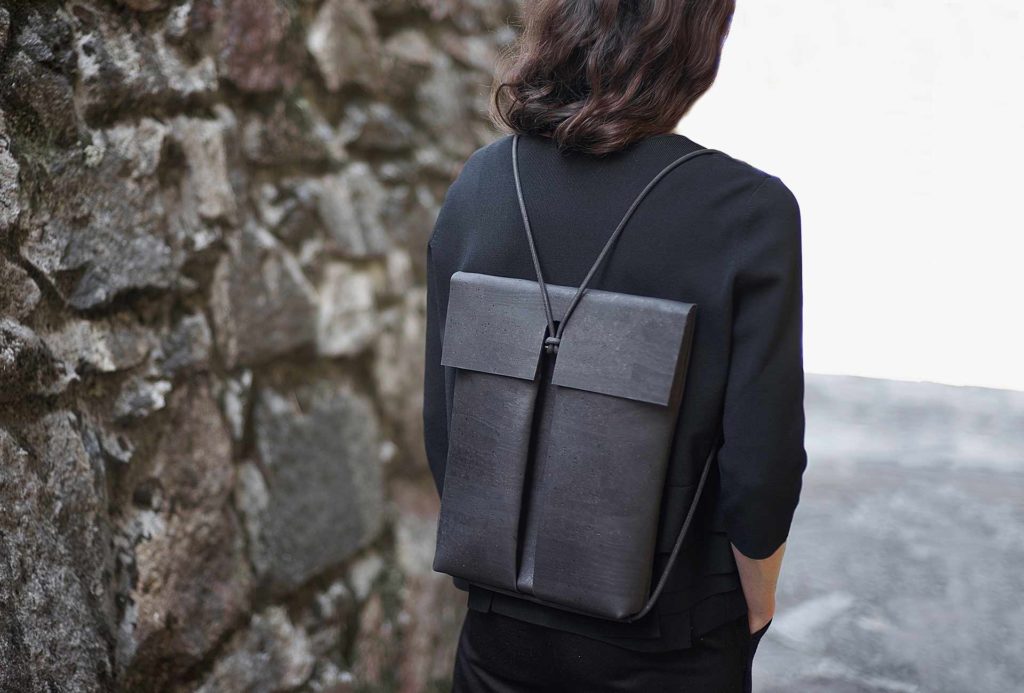 <em>Como</em> backpack, black. Portuguese cork on fabric support, black cotton inside, hidden magnetic closure.