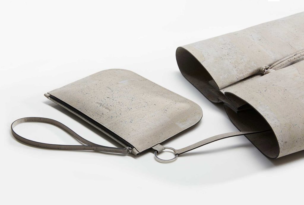 <em>Cala</em> bag and <em>Uma</em> clutch, birch grey. Portuguese cork on fabric support, black cotton inside.
