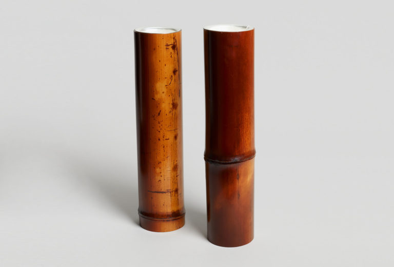 Andreas Mathias Caderas, two vases, 2016 and 2019. Old Japanese bamboo, silver inserts, signed: A C B S, bat seal, height 32 and 33 cm, Ø 7.5–7.6 cm. © Japan Art - Galerie Friedrich Müller.