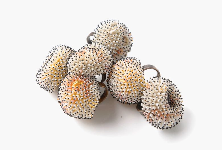 Rings <em>LOOK</em>. Sam Tho Duong became internationally known for his jewelry made from freshwater rice grain pearls. They are connected with nylon threads. Photo Petra Jaschke.