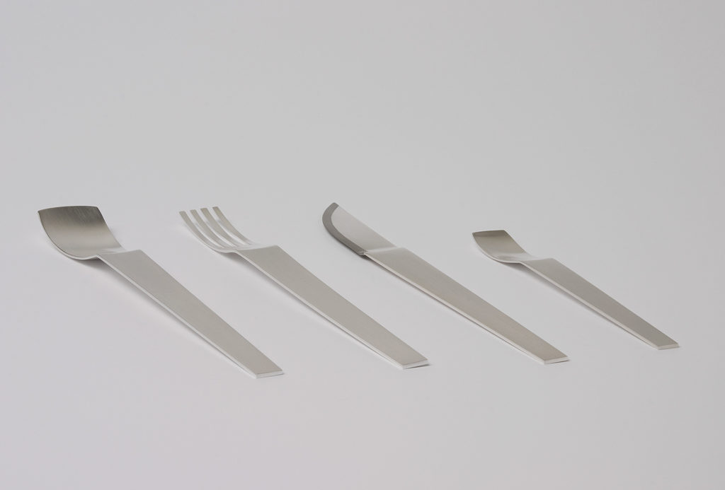 Four-piece cutlery. Brass, stainless steel, silver-plated, forged, assembled.
