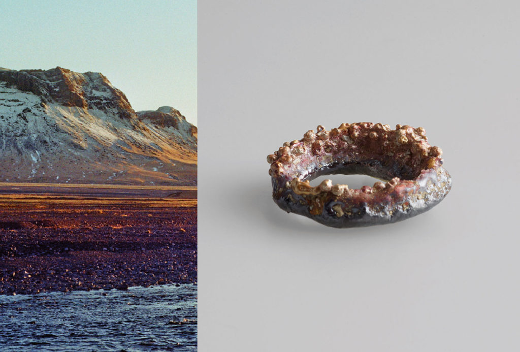 Ring <em>Alloy 925</em>. Silver 925, melted on site in Icelandic earth. Photo Sophie Valentin (Ring), Monika Hoffmann (landscape).