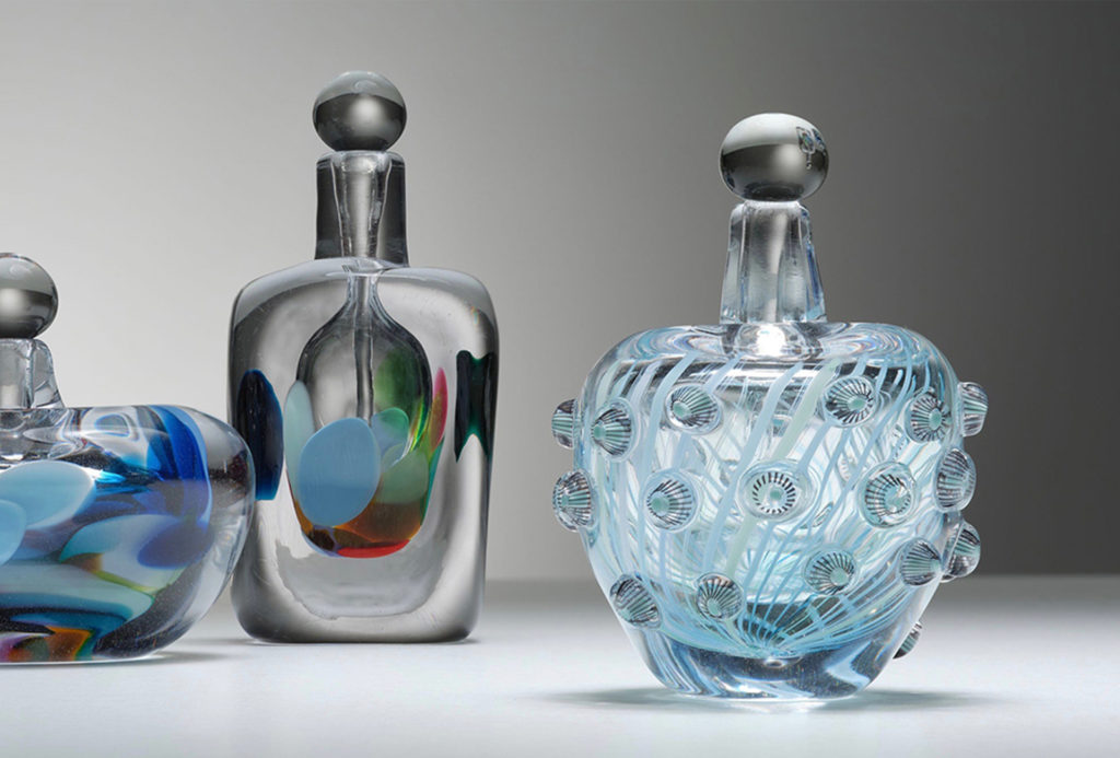Perfume flasks <em>Oriental Garden</em> and <em>Lines & Dots</em>.  Blown glass, W app. 11cm .