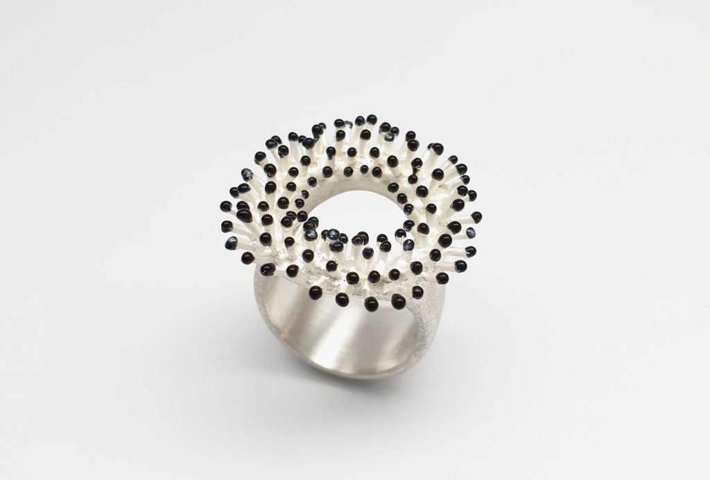 Ring from the series <em>Blumentiere</em> [Flower Animals]. Silver, enameled.