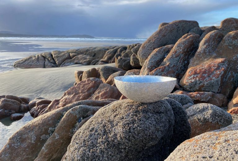 Cara Murphy, <em>Beach Bowls</em>, series of vessels, forged from fine silver on  Atlantic coast rocks.