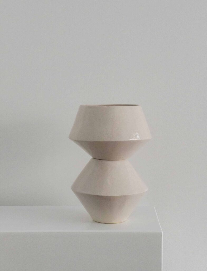 <em>OMARU</em>, planter, white-rosé, 2024. Self-watering, light pink. Stoneware, glazed, 
16 x 16 x 32 cm, 2parts.