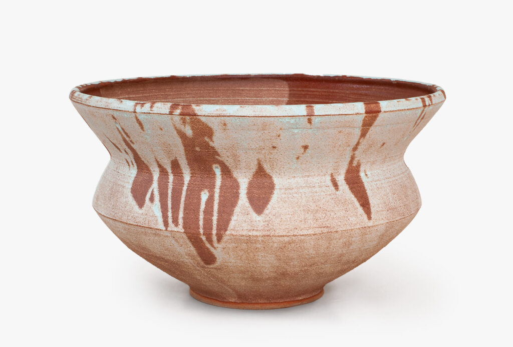 Vessel <em>Formbruch</em>, 2024. Stoneware clay, Spanish ochre, matte to glossy turquoise-blue glaze, in a thin layer reddish brown, <br>H 29 cm.